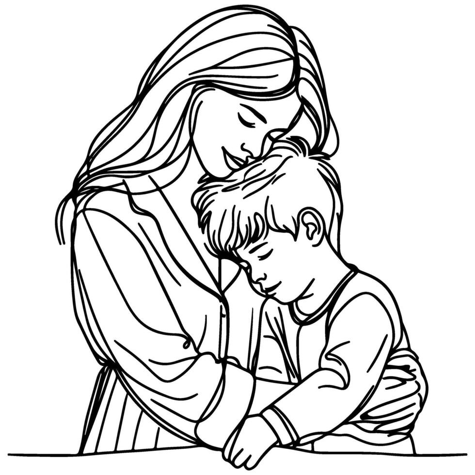 schetsen moeder knuffelen klein kind. single een zwart lijn tekening vrouw wezen omhelsd door haar kinderen vector illustratie