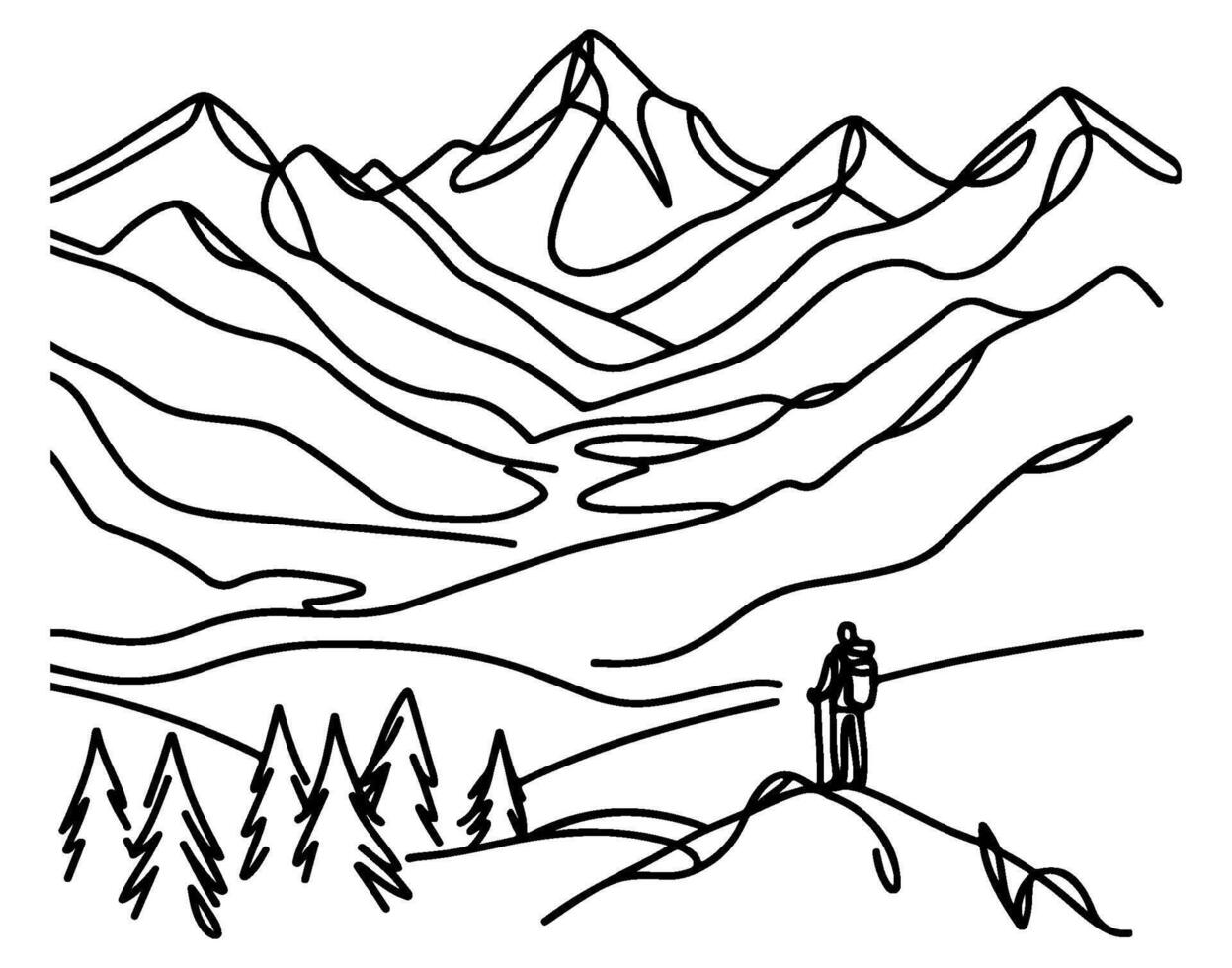tekening berg met Woud pijnboom bomen landschap zwart lijn schetsen kunst hand- getrokken lineair stijl vector illustratie