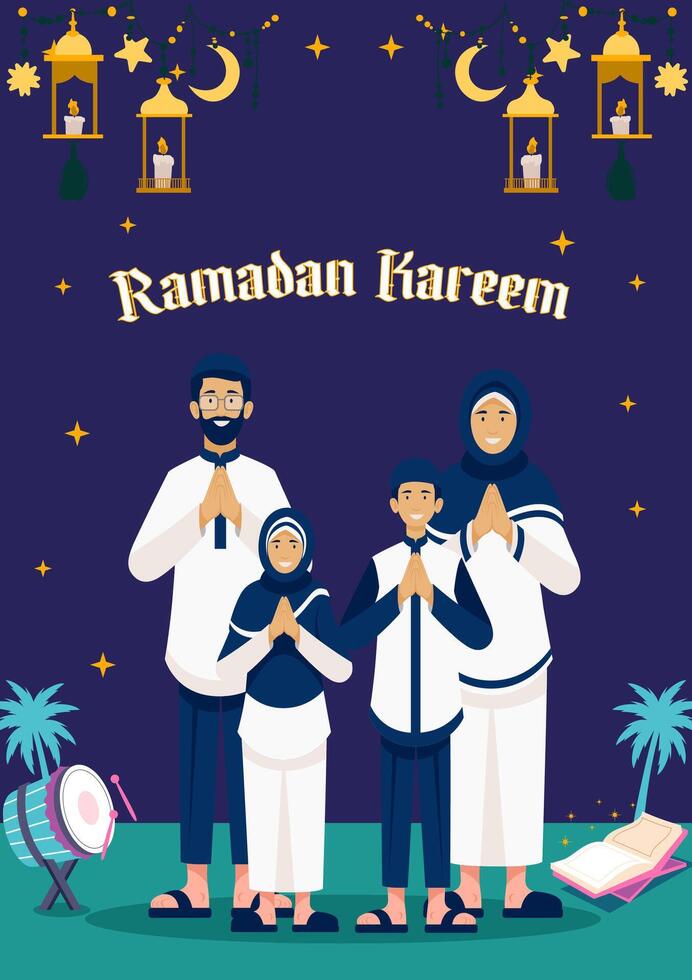 moslim familie met vader moeder zoon en dochter glimlach gedurende Ramadan. Ramadan kareem reeks van posters kaarten vakantie covers achtergrond en groeten vector