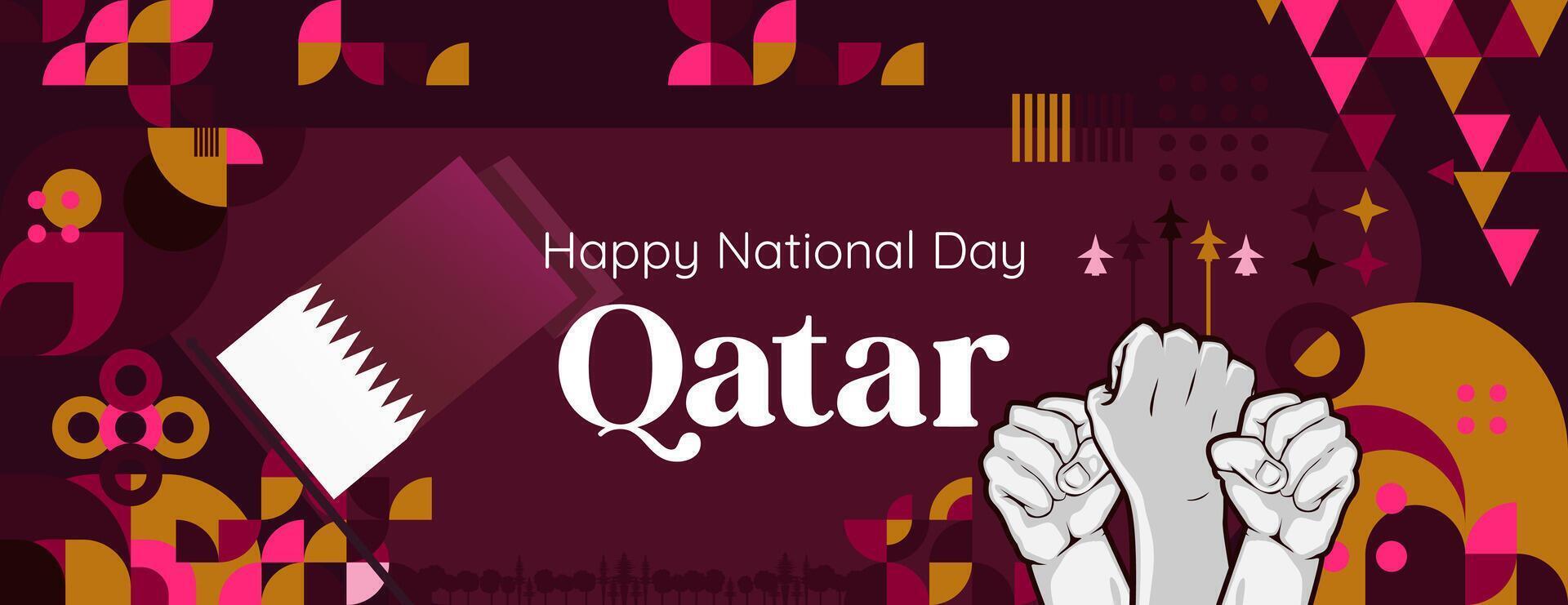 qatar nationaal dag banier in kleurrijk modern meetkundig stijl. qatar nationaal onafhankelijkheid dag groet kaart Hoes met typografie. vector illustratie voor nationaal vakantie viering partij