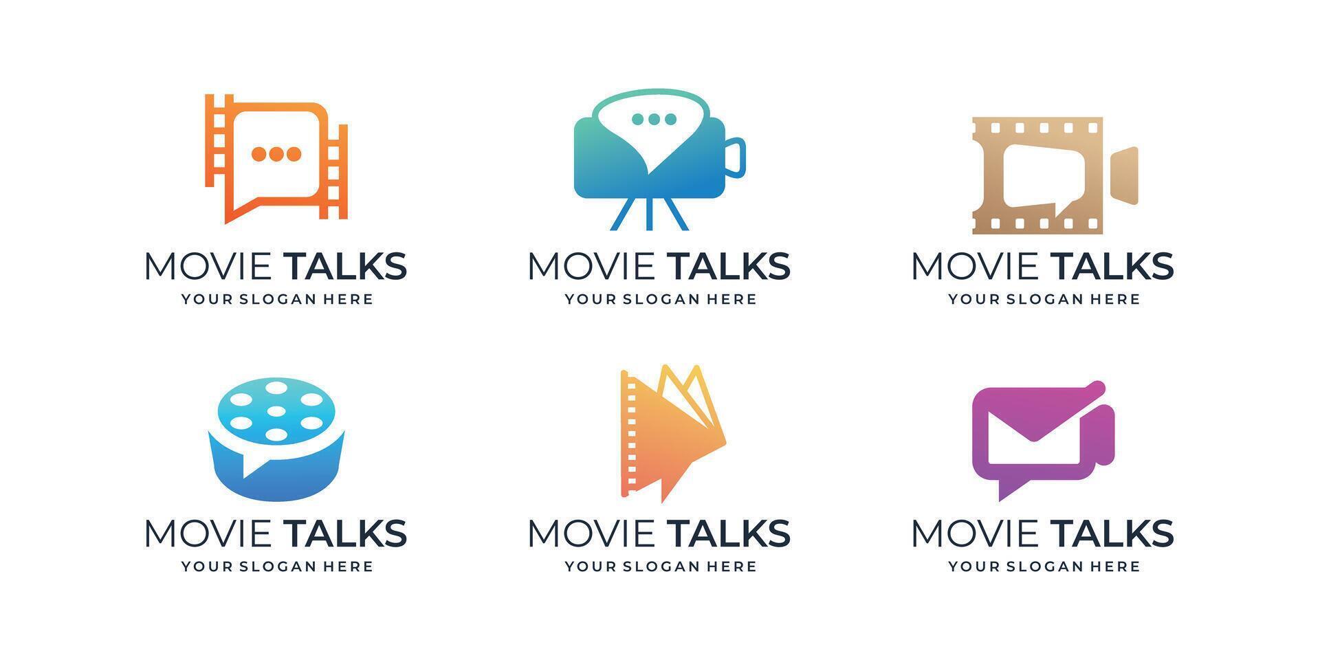 reeks van film praten logo, bioscoop forum icoon, film rollen combineren met bubbel toespraak logo concept vector