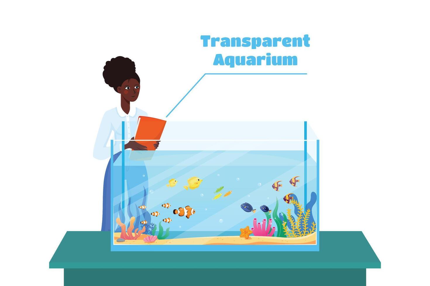 transparant aquarium met water en geïsoleerd algen, karper, zand. een Afrikaanse Amerikaans meisje staat achter een aquarium. mooi transparant aquarium in tekenfilm stijl. vector