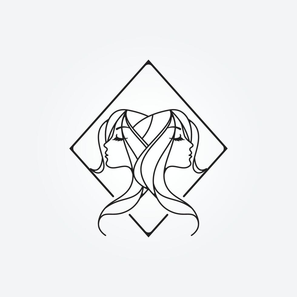 zusterschap pictogram teken badge embleem voor schoonheidsstudio en cosmetische, vrouwelijke portret, vrouwen gezicht zus twin of twee logo vector illustratie ontwerp