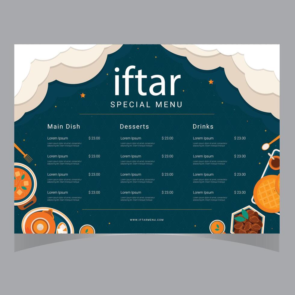 vector vlak iftar verticaal menu sjabloon Ramadan menu sjabloon in blauw Islamitisch achtergrond ontwerp. ook mooi zo sjabloon voor restaurant menu ontwerp.