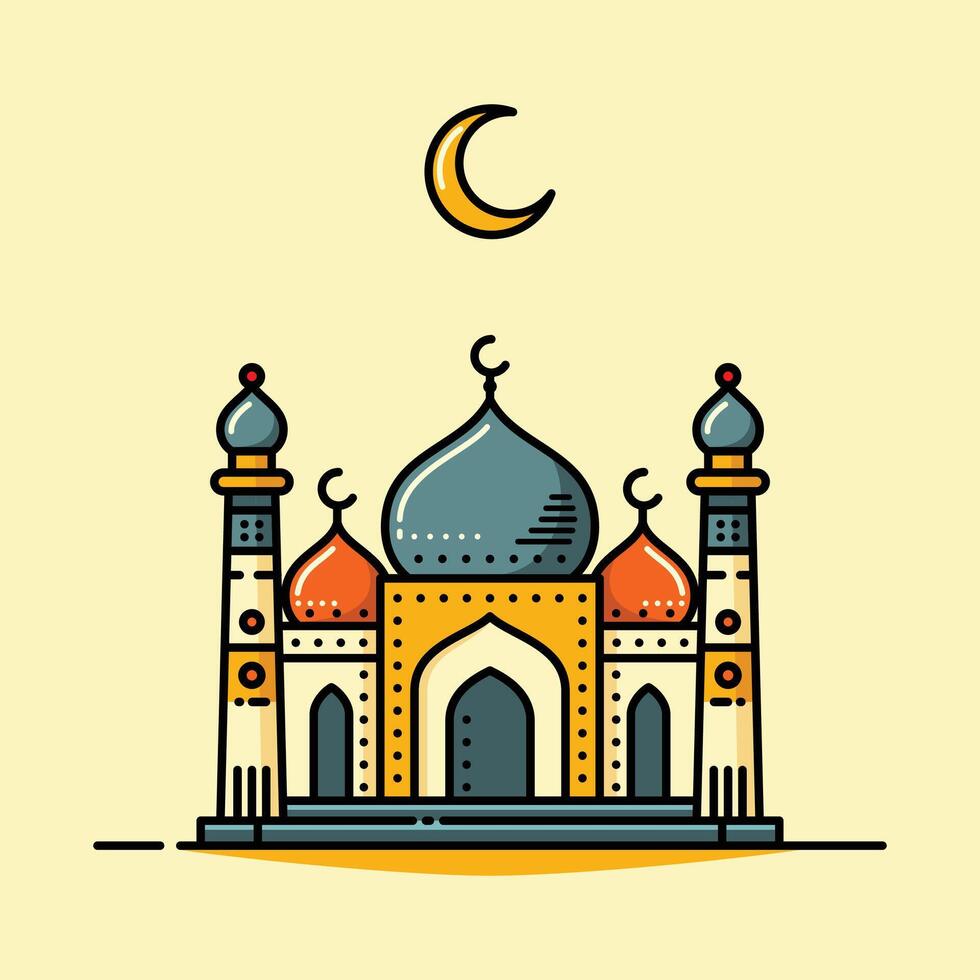 een levendig illustratie van een moskee met lijn kunst stijl en vlak kleur, perfect voor Ramadan, eid, en Islamitisch evenement vector