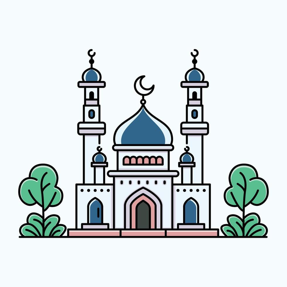 een levendig illustratie van een moskee met lijn kunst stijl en vlak kleur, perfect voor Ramadan, eid, en Islamitisch evenement. vector