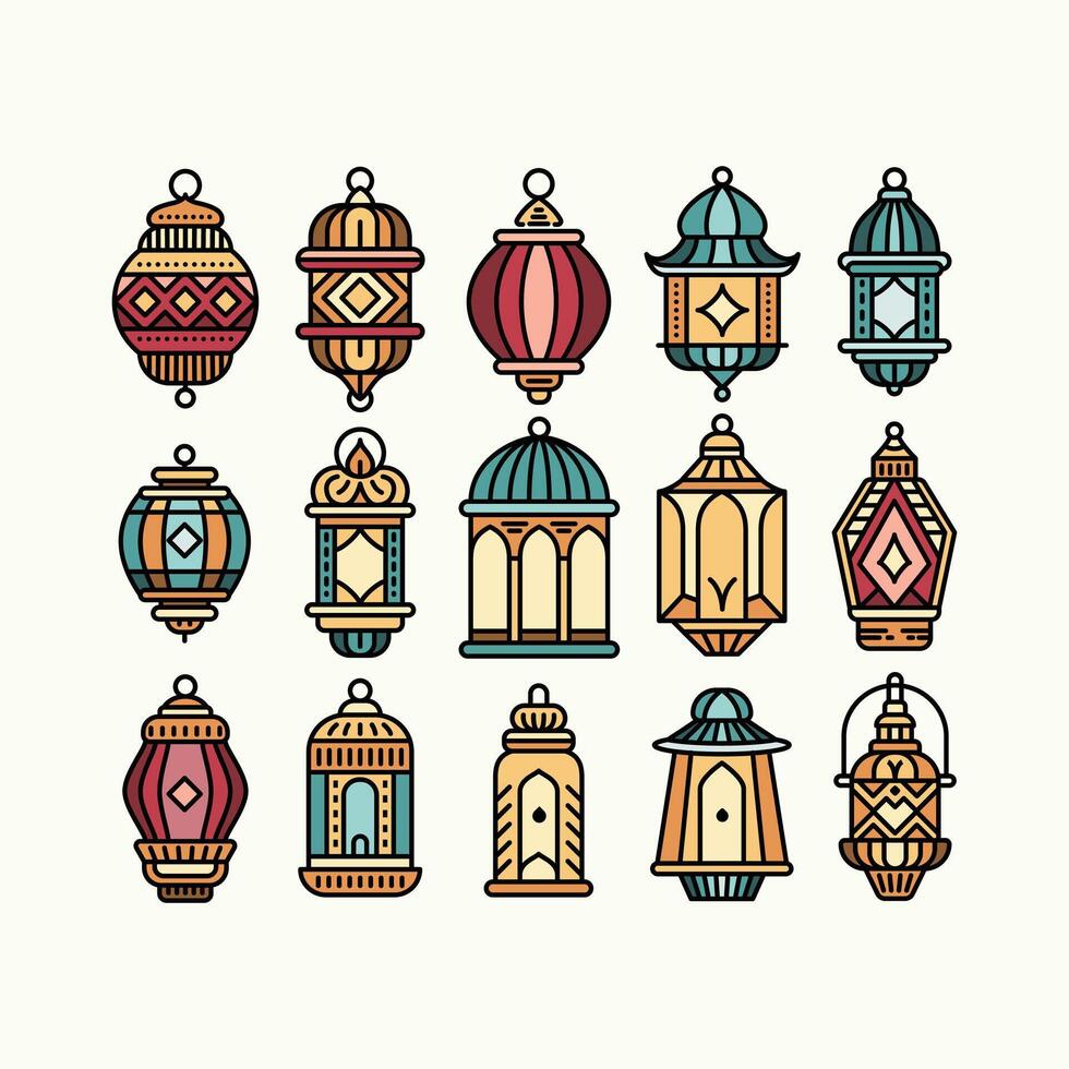 een levendig reeks van kleurrijk overladen lantaarns illustratie met lijn kunst en vlak kleur ontwerp stijl. vector