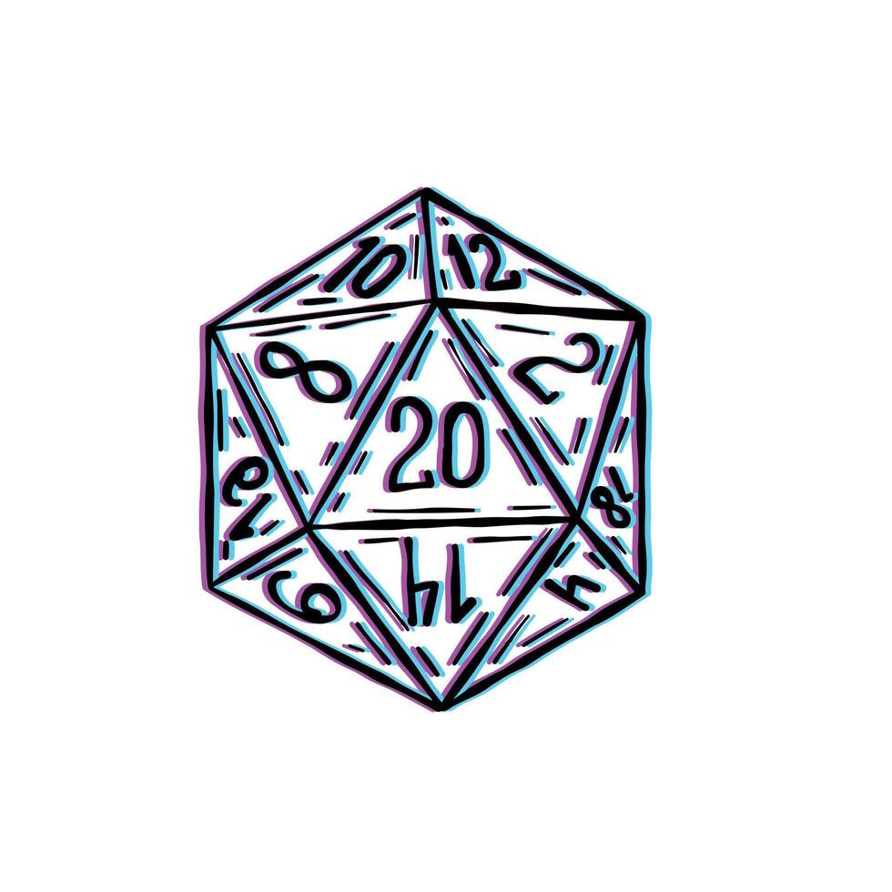 Dobbelsteen d20 voor spelen dnd. kerker en draken bord spel. tekenfilm schets getrokken illustratie. neon roze blauw illustratie vector