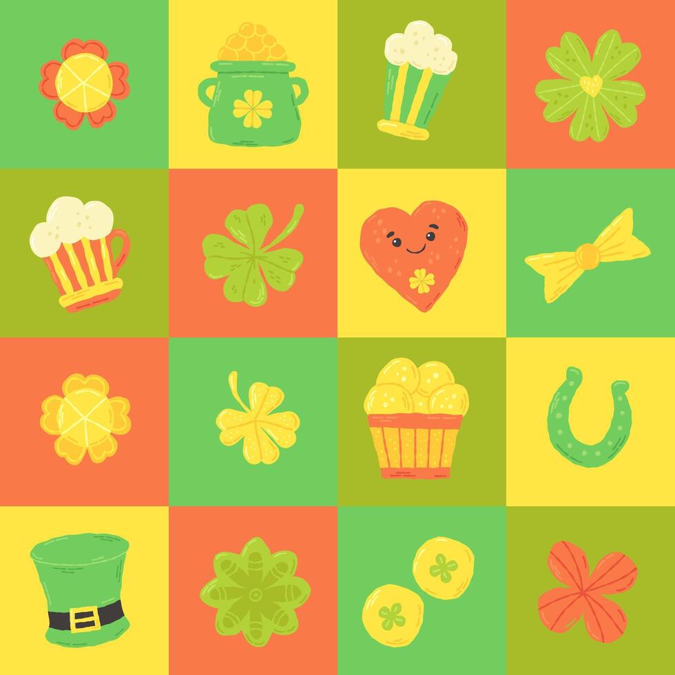 feestelijk patroon voor st. Patrick dag met Klaver, bier en munt. hand- getrokken vlak tekenfilm elementen. vector illustratie