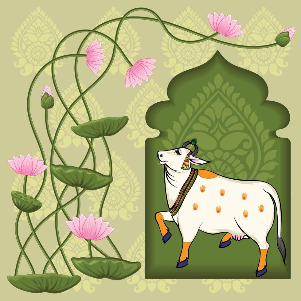 Indisch traditioneel Rajasthani schilderij koe in de buurt de lotus boog vector