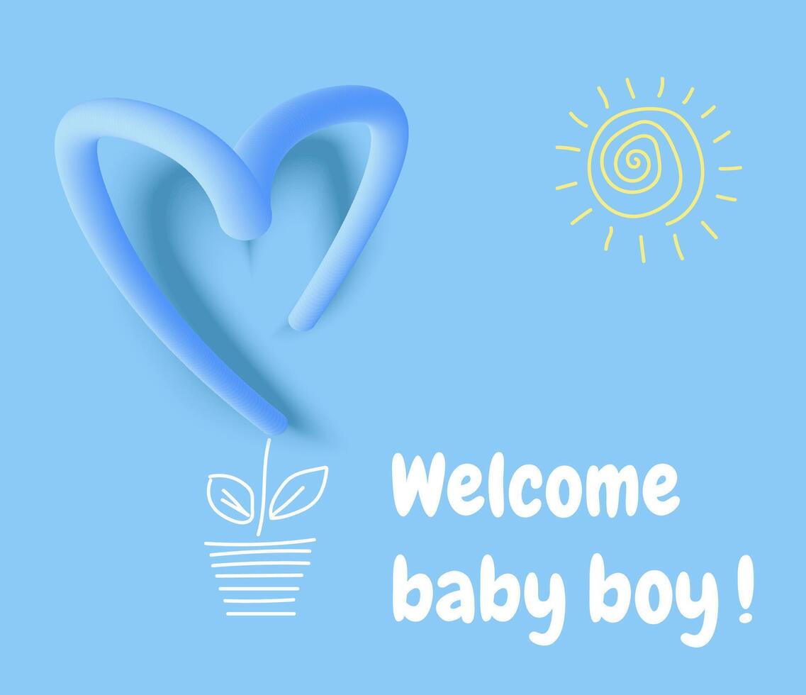 Welkom baby jongen - groet kaart met 3d hart Aan blauw achtergrond. zijn een jongen. vector illustratie