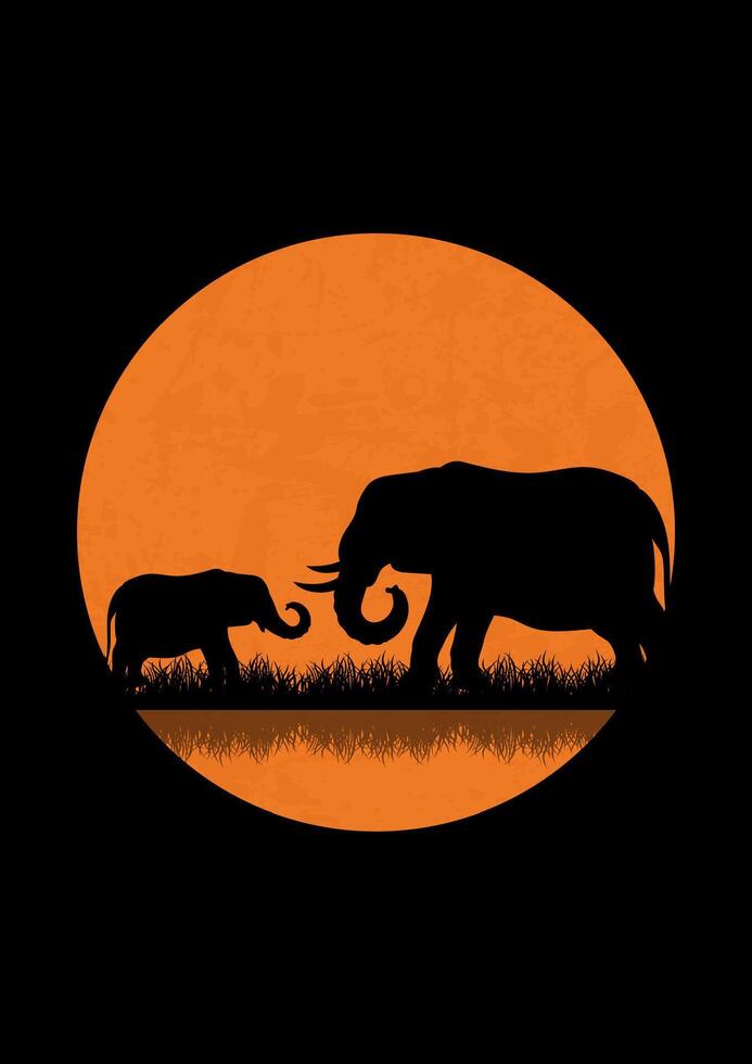 savanne nacht landschap, wild natuur van Afrika. Kenia illustratie poster, vol maan en wandelen olifanten vector