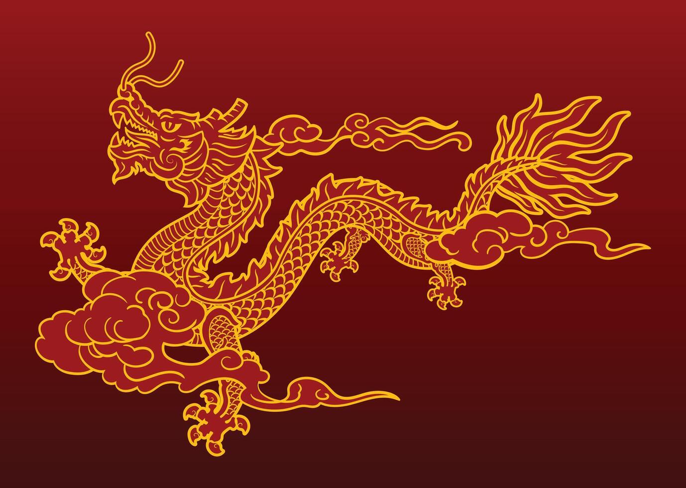 illustratie van traditioneel Azië, Japan en Chinese goud draak met rood achtergrond. silhouet van draken. papier besnoeiing stijl. vector illustratie