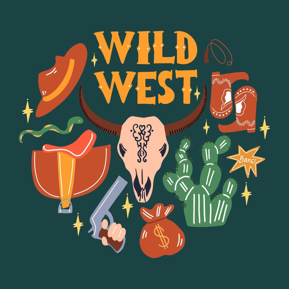 vector illustratie van de wild westen. koe schedel omringd door cowboy elementen.