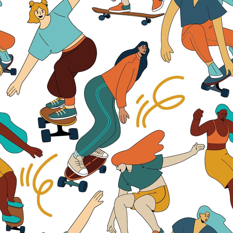 naadloos patroon met Dames met skateboard. koel tekenfilm karakters in modern kleren. vector illustratie