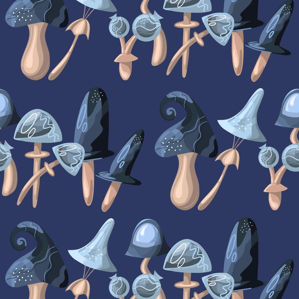 naadloos patronen van fantastisch maanlicht champignons. magisch nacht champignons. een patroon met gloeiend blauw paddestoelen en vlieg agaric vector