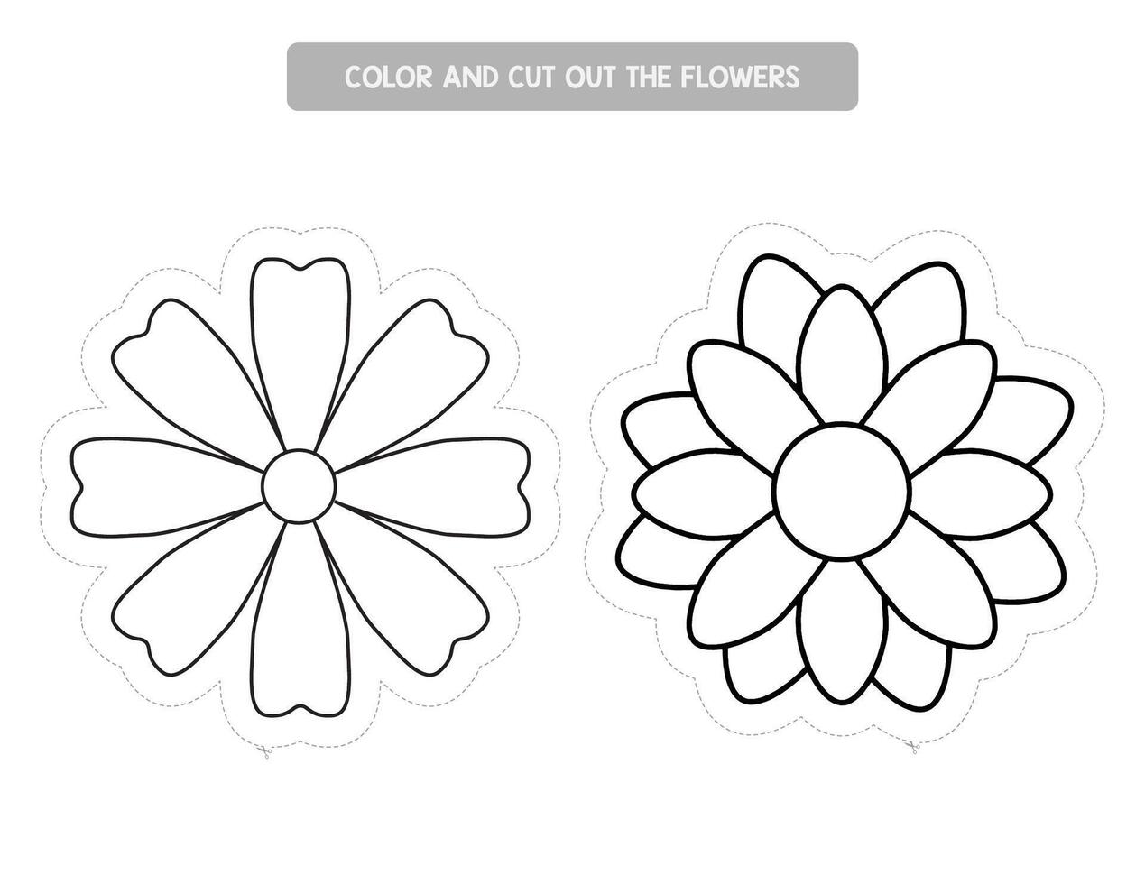 bloemen kleur en snijdend praktijk werkblad. voorjaar werkzaamheid voor peuter- en kleuterschool kinderen. leerzaam spel vector