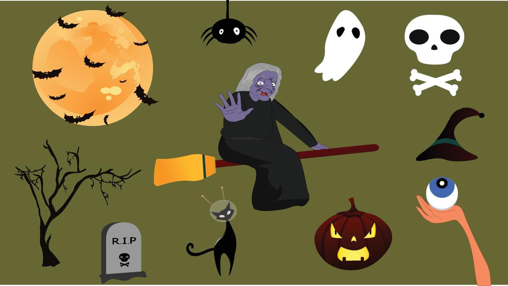 Halloween silhouetten achtergrond met pompoenen, heks, ruimtekat, spin, schedel, maan, boom, pet, spook, vleermuizenillustratie. vector