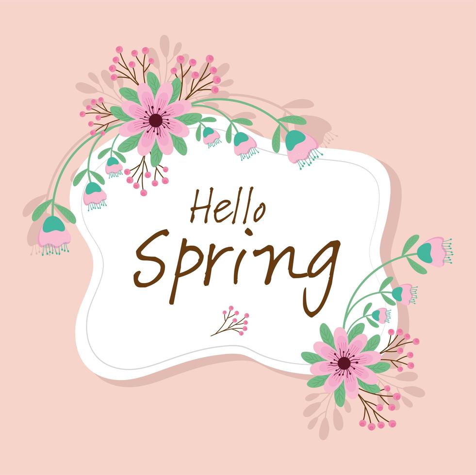 hallo lente belettering seizoenskaart met roze bloemen tuinframe vector