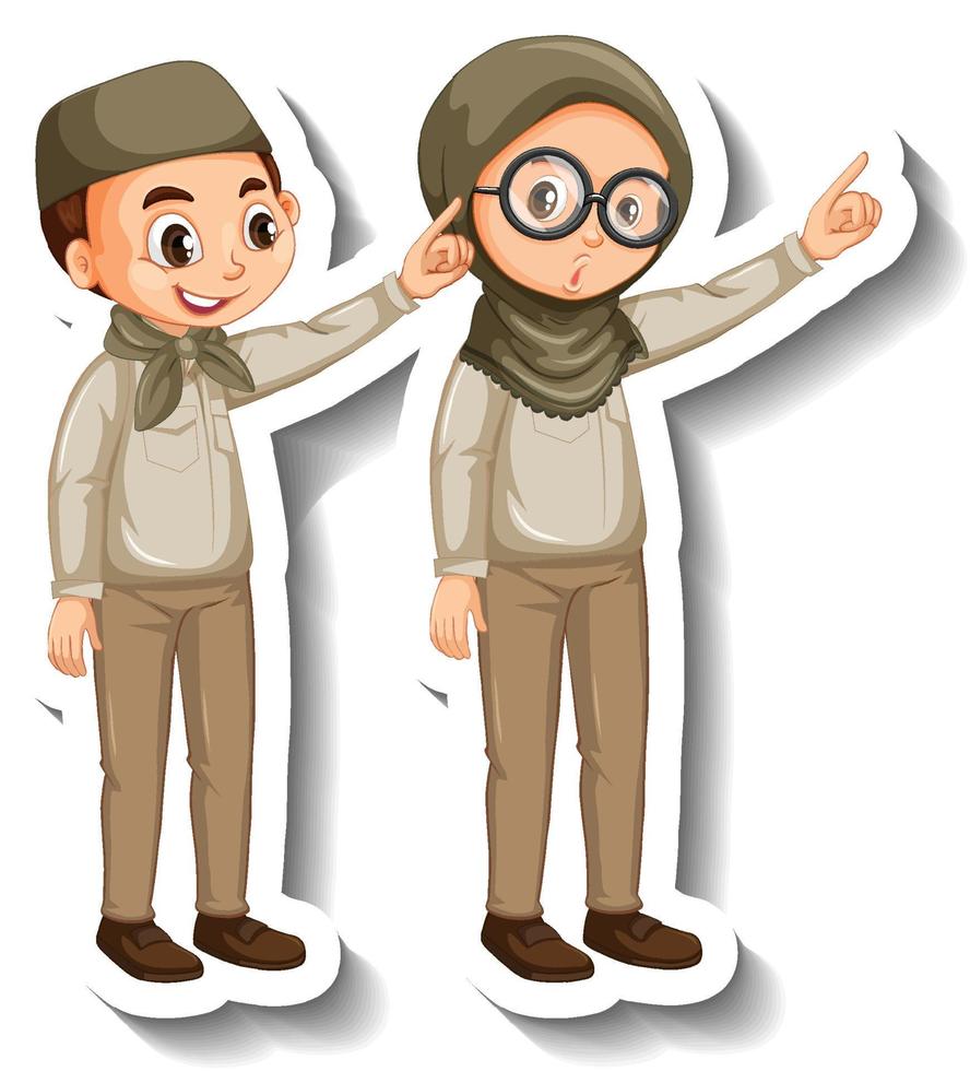 paar moslimkinderen dragen safari-outfit stripfiguursticker vector