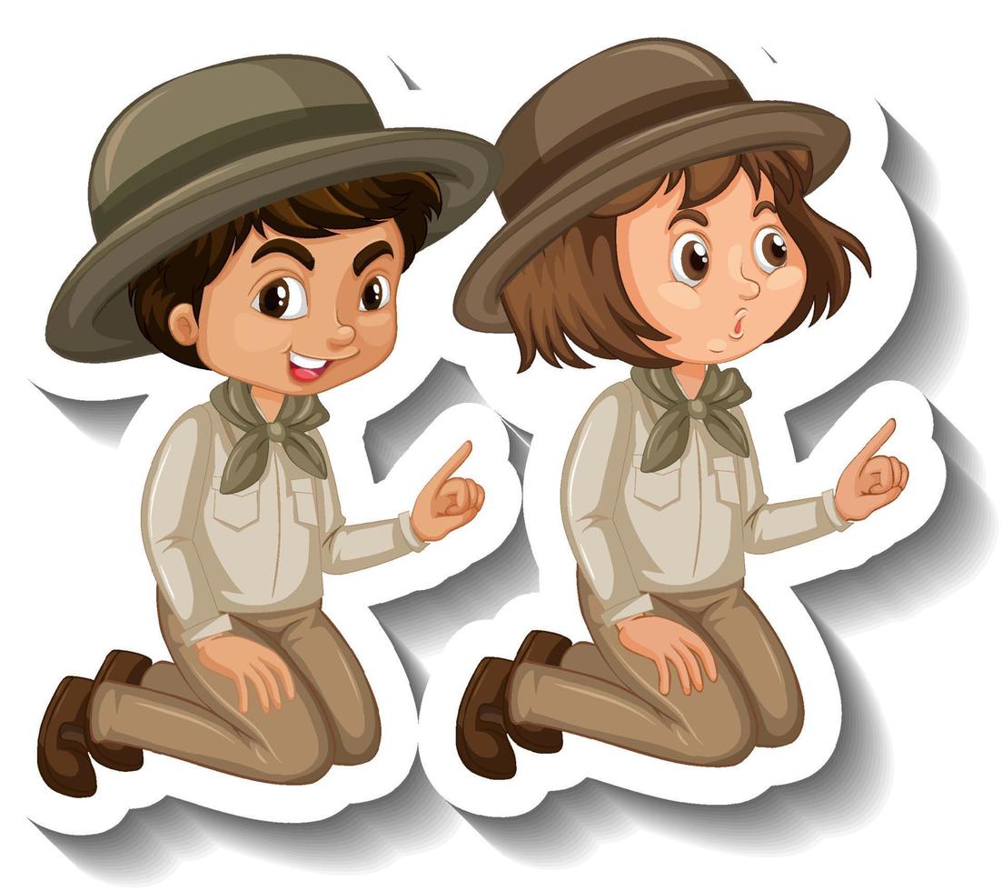 paar kinderen dragen safari-outfit stripfiguursticker vector