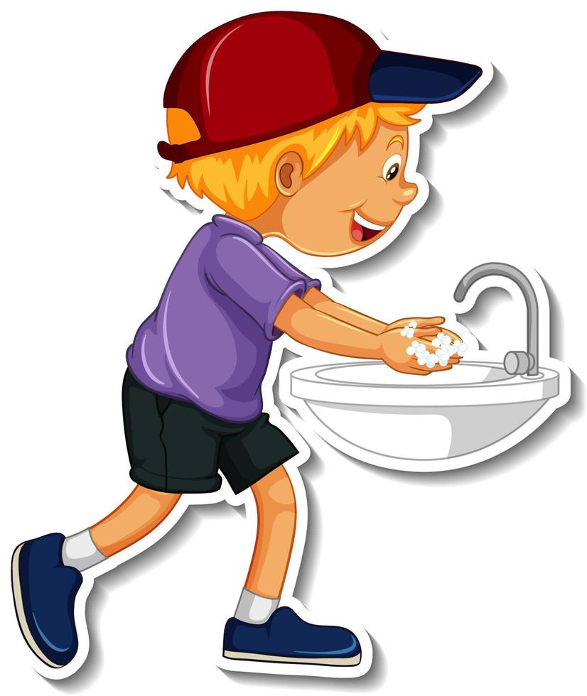 een stickersjabloon met een jongen die handen wast met zeep vector