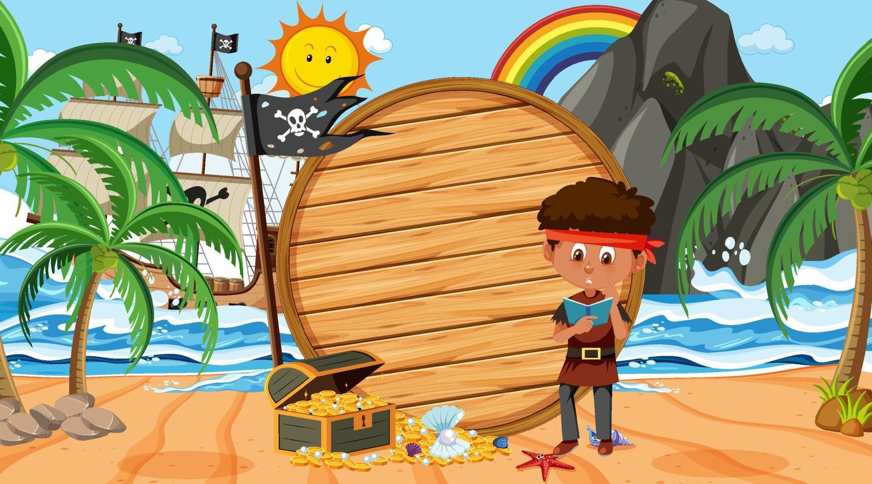 piratenjongen op het strand overdag met een lege houten bannersjabloon vector