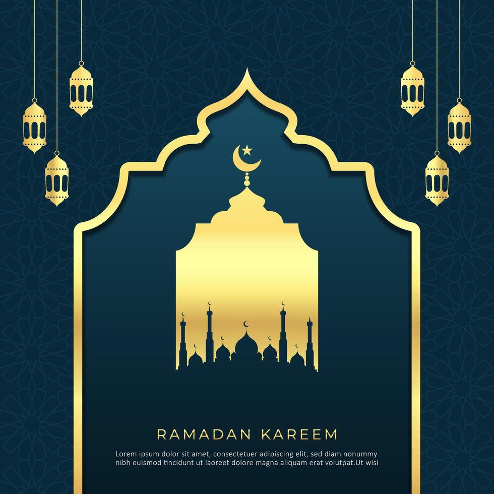 realistisch van Ramadan kareem poster ontwerp met moskee en lantaarn ornament Aan blauw achtergrond vector