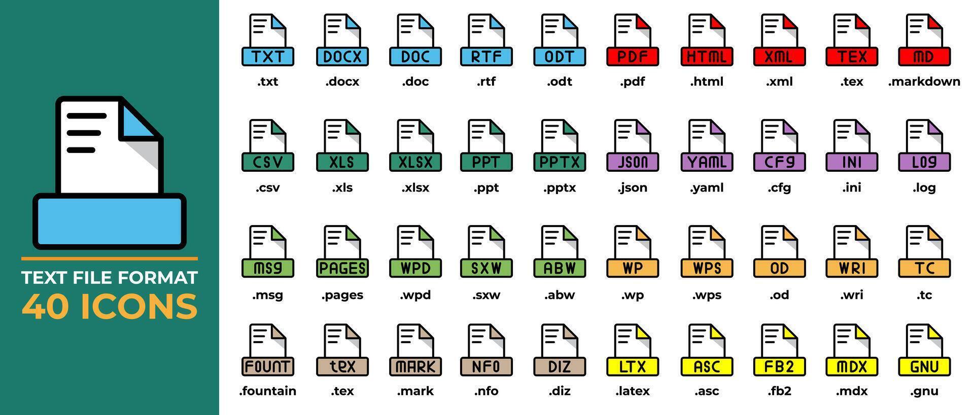 reeks het dossier formaat pictogrammen in vlak stijl. tekst, ppt, pdf, dokter, csv, het dossier formaat icoon. vector illustratie