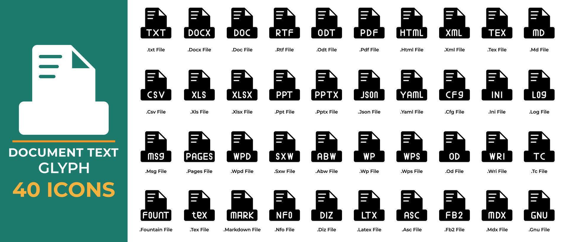 reeks van document het dossier tekst pictogrammen glyph stijl. pdf, csv, ppt, doc. uitbreiding het dossier symbool pictogrammen. vector verzameling.