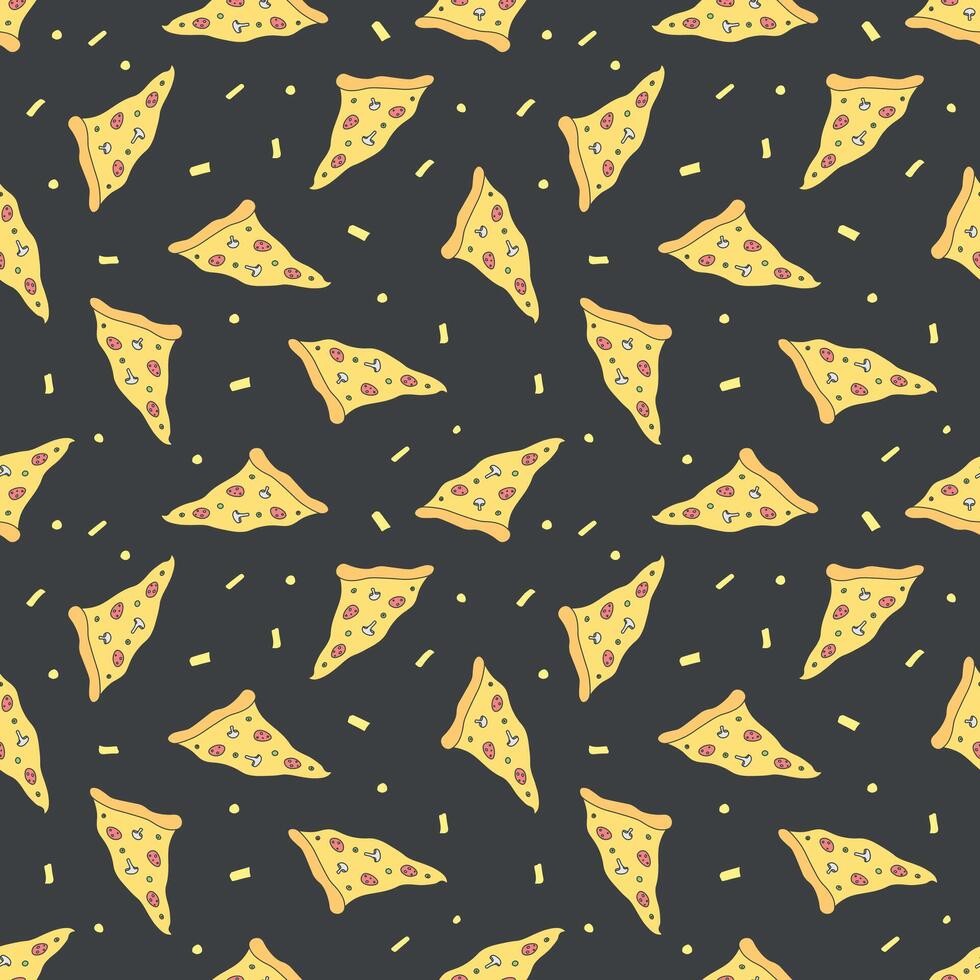 naadloos pizzapatroon. zwart-witte pizzaachtergrond. doodle pizza vectorillustratie. fastfood vector patroon