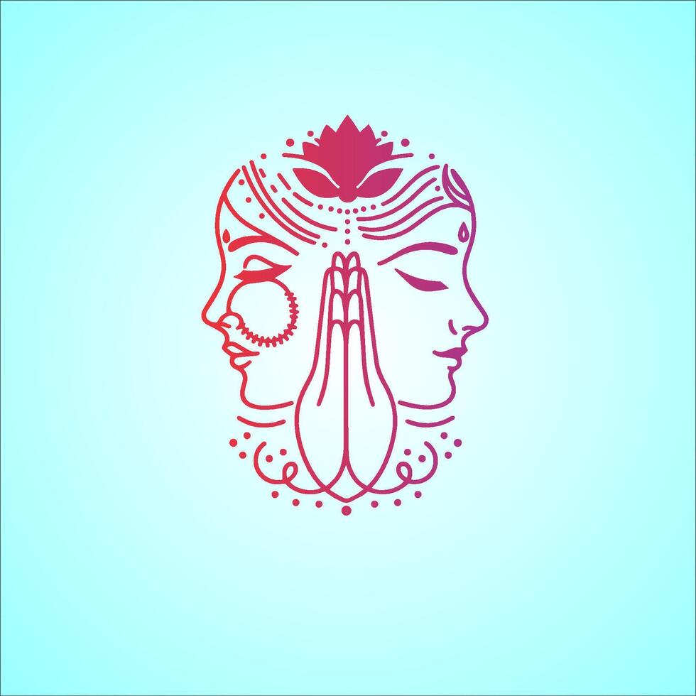 Indiase vrouwen in traditionele kleding met Namaste-hand, verwelkomend logo-ontwerp vector