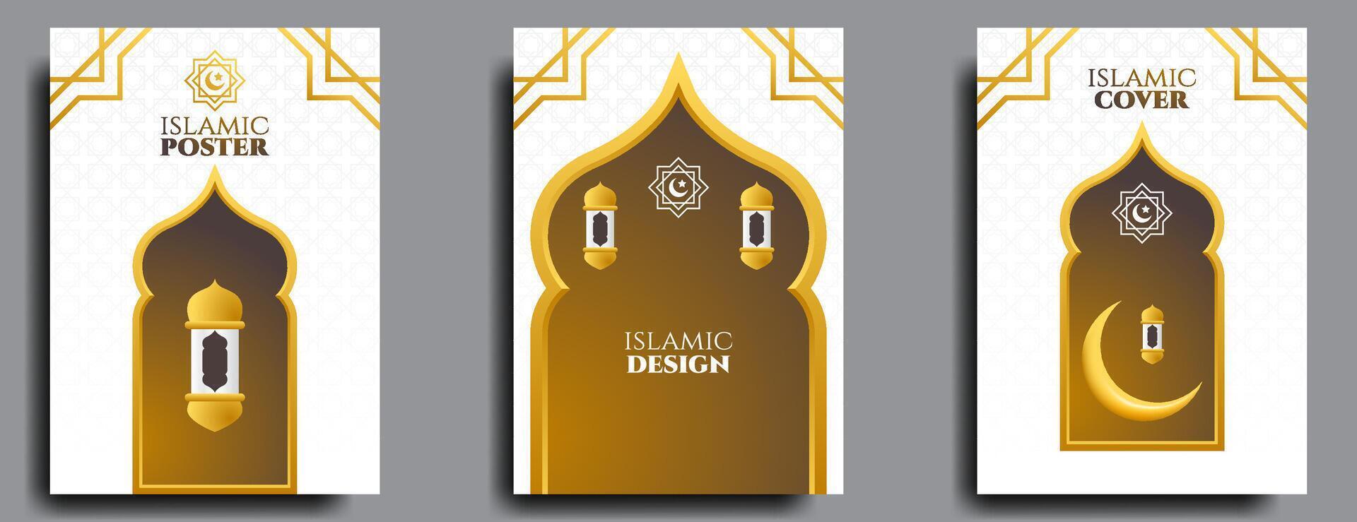 Islamitisch Hoes of poster ontwerp reeks met goud en wit kleur. vector illustratie