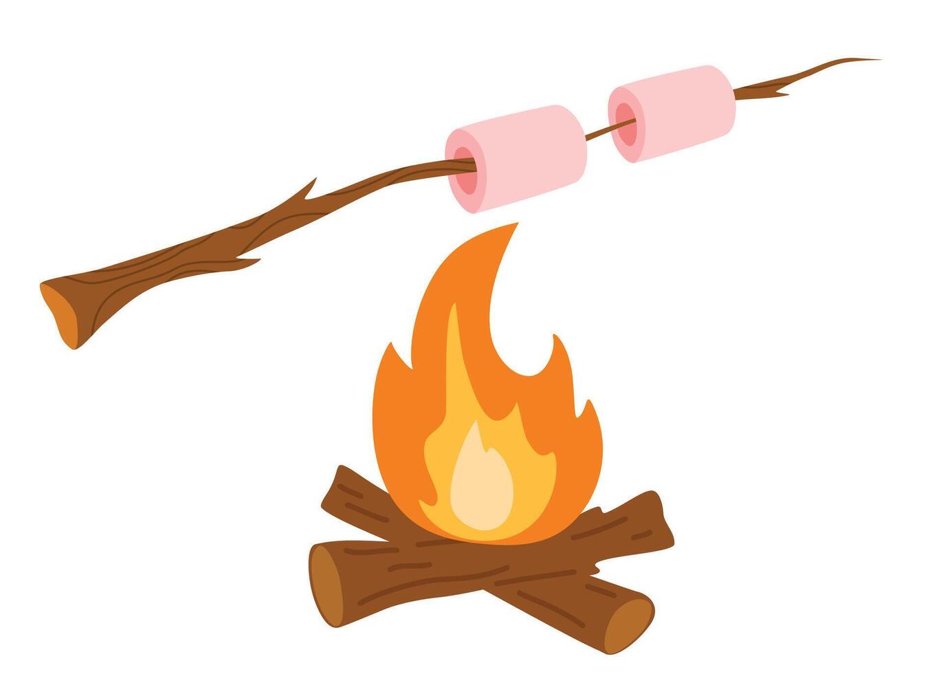 marshmallows gebraden Aan kampvuur, vreugdevuur camping met frituren zoet voedsel. heemst Aan een stok. vector tekenfilm illustratie geïsoleerd Aan de wit achtergrond