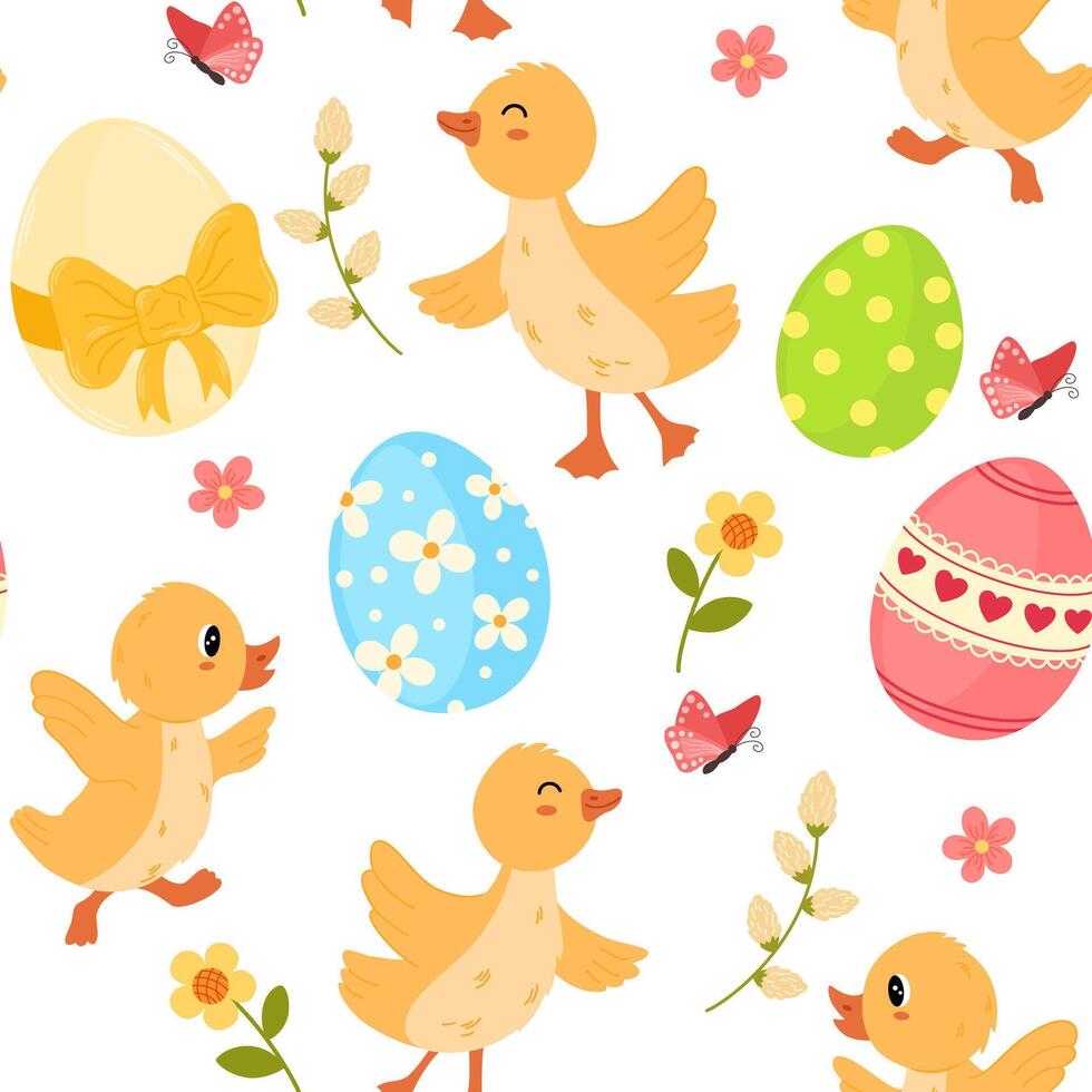 Pasen kuikens naadloos patroon. vieren de vreugden van voorjaar met de vrolijk Pasen viering patroon, met aanbiddelijk kuikens, versierd Pasen eieren, en levendig voorjaar bloemen. vector