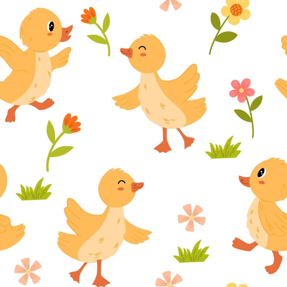 Pasen kuikens naadloos patroon. voorjaar achtergrond. vrolijk weinig kippen. grappig huiselijk dieren. voorjaar verzameling van dieren, bloemen, pasgeboren gevogelte. tekenfilm vector illustratie
