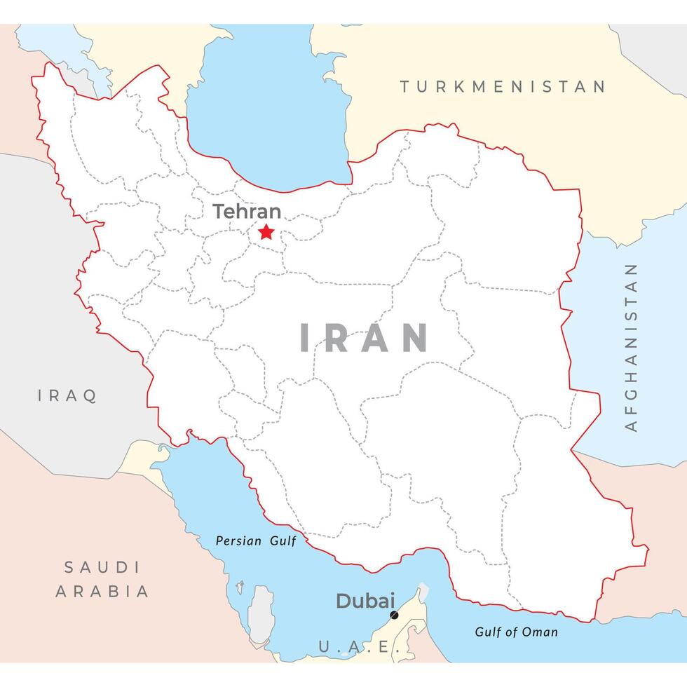 ik rende kaart, hoofdstad teheran, met nationaal borders vector