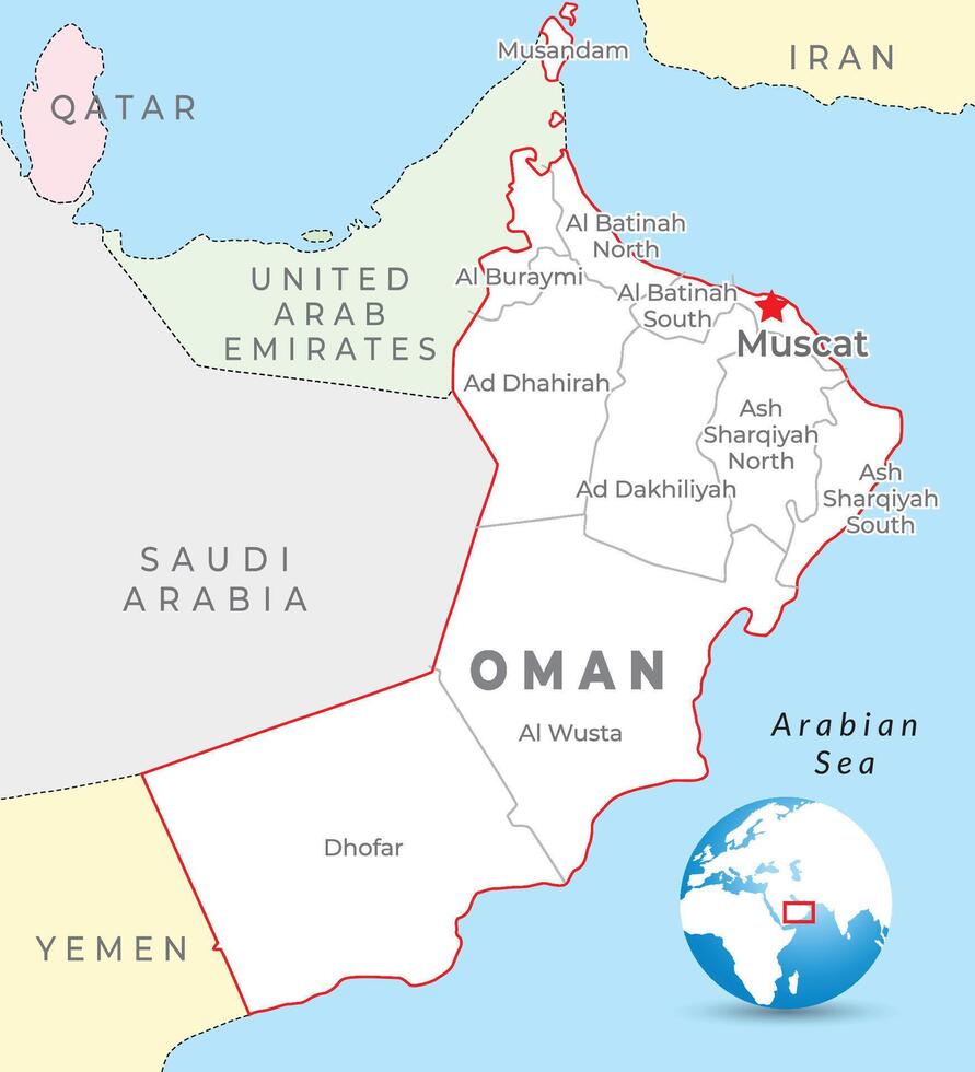 Oman kaart met hoofdstad muskaat, meest belangrijk steden en nationaal borders vector