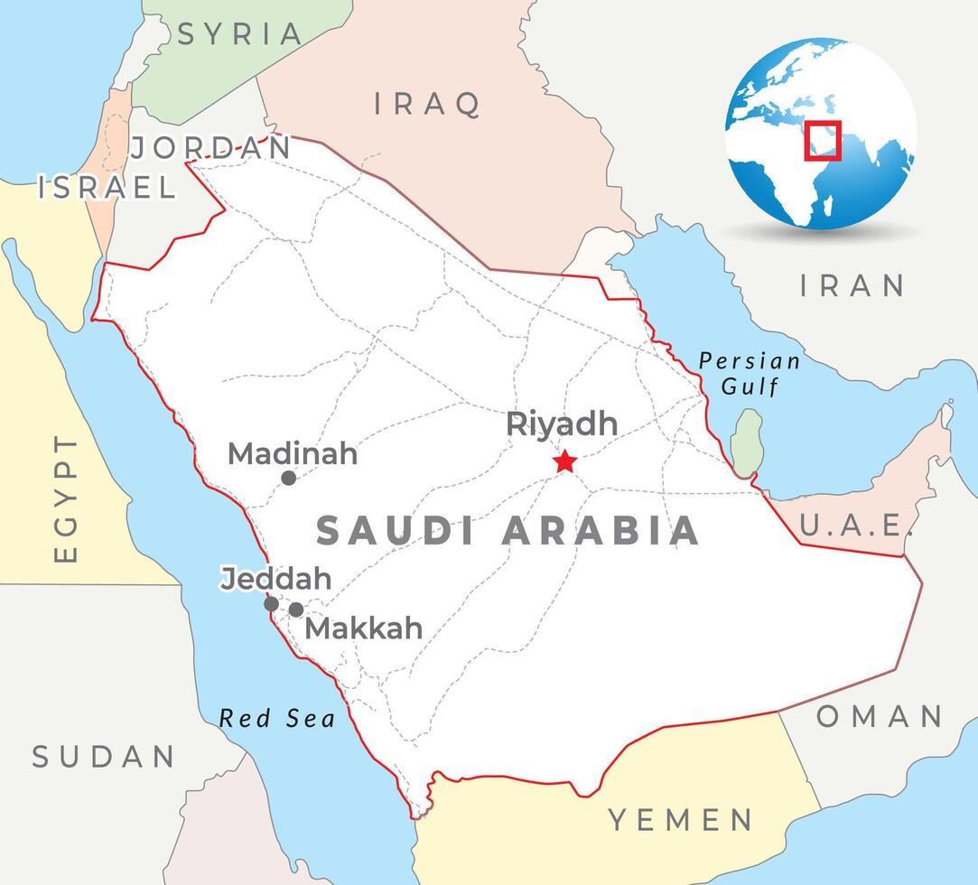 saudi Arabië kaart met hoofdstad riyad, meest belangrijk steden en nationaal borders vector