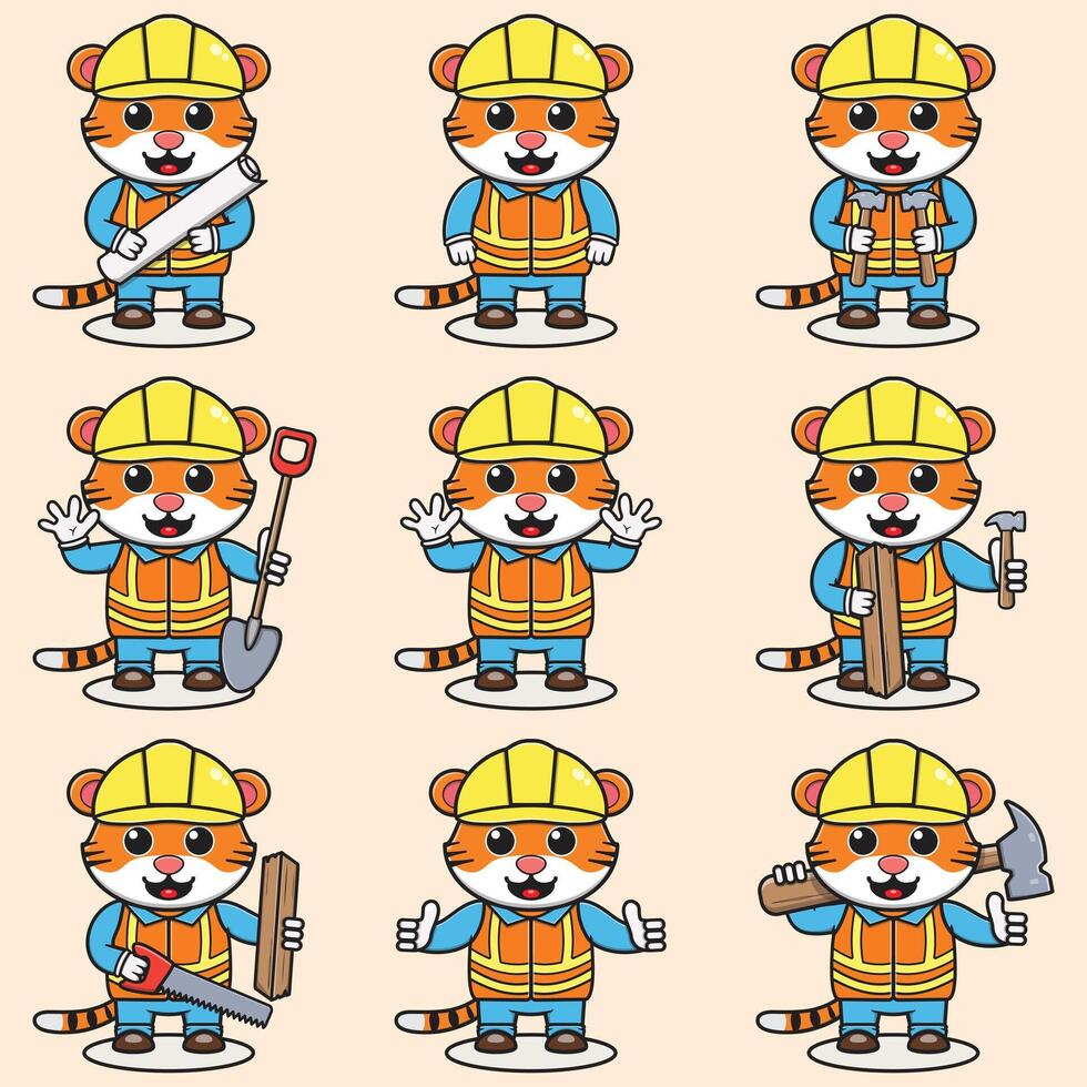 schattig tijger bouw aannemer illustratie. vector illustratie van een schattig gebouw voorman tijger . schattig tijger bouw arbeider tekenfilm. vlak tekenfilm stijl.