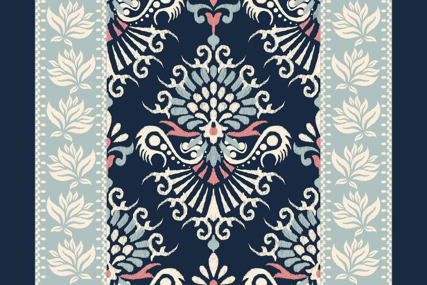 barok bloemen patroon.ikat oosters borduurwerk Aan marine blauw achtergrond vector illustratie.azteken stijl, hand getekend,batik,digitaal schilderij.ontwerp voor textuur,stof,kleding,verpakking,decoratie,tapijt.