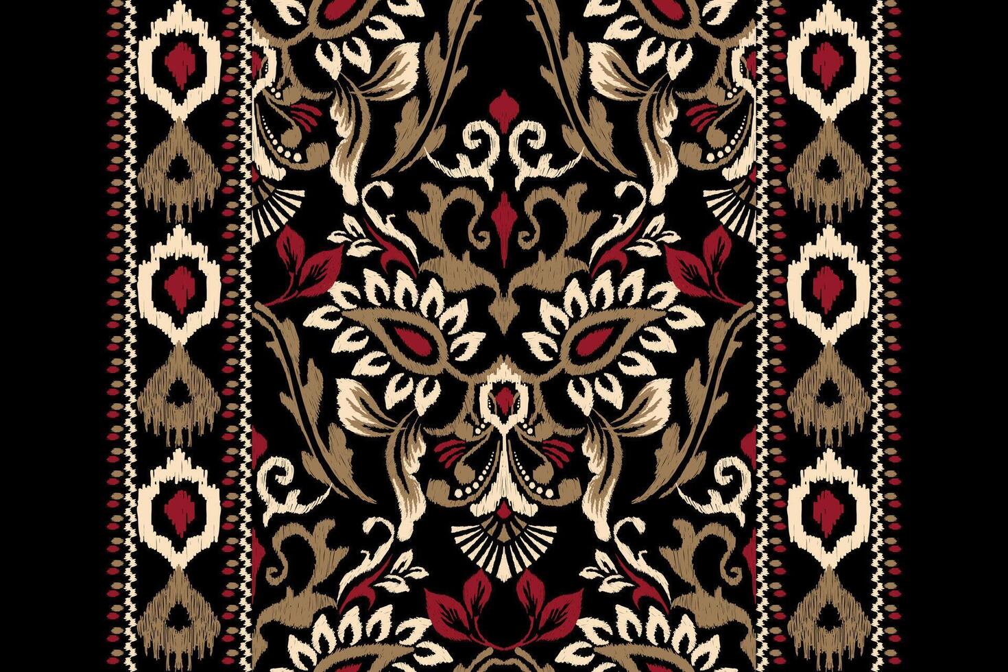 arabesk ikat bloemen patroon Aan zwart achtergrond vector illustratie.ikat etnisch oosters borduurwerk.aztec stijl, samenvatting achtergrond.ontwerp voor textuur,stof,kleding,verpakking,decoratie,sjaal,print