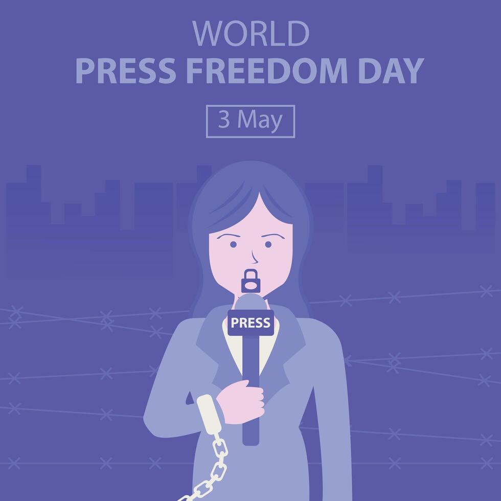 illustratie vector grafisch van een vrouw verslaggever is Holding een microfoon met haar handen in handboeien, perfect voor Internationale dag, wereld druk op vrijheid dag, vieren, groet kaart, enz.