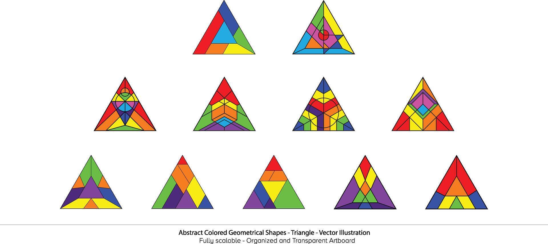 abstract gekleurde meetkundig vormen - driehoek . kleurrijk vormen. muren en ontwerpen met opvallend symmetrie. een driehoekig reis door kleur en patroon. een zichtbaar puzzel voor de creatief geesten vector