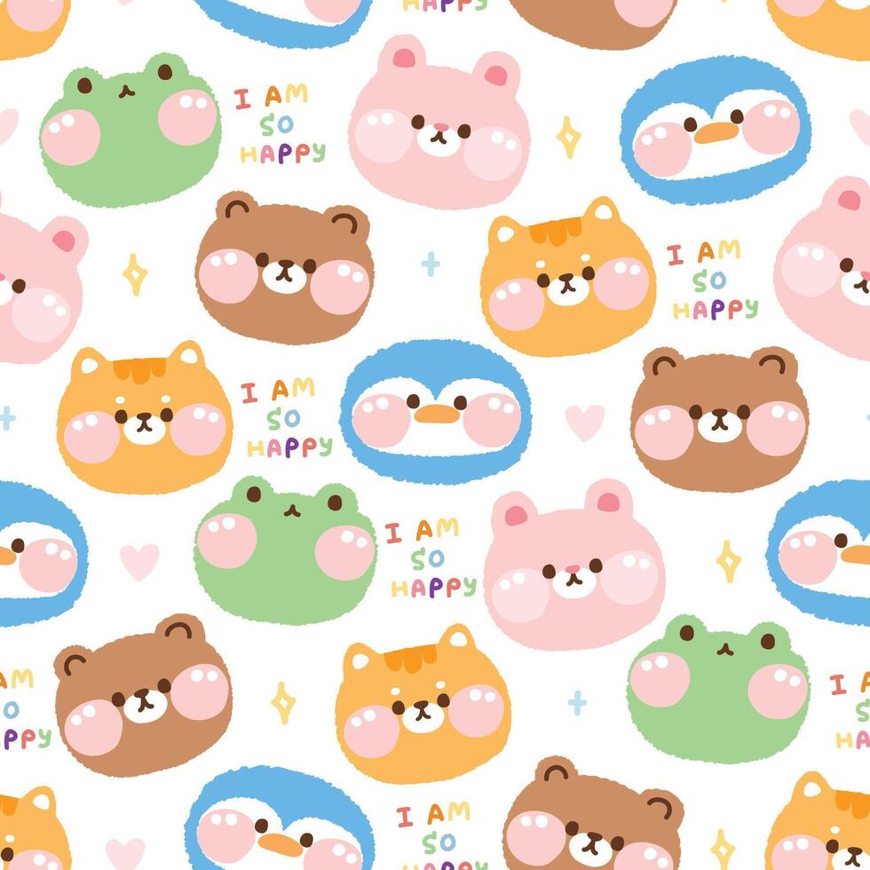 naadloos patroon van schattig gezicht dieren met hart en tekst Aan wit achtergrond.beer,pinguïn,konijn,kikker,kat hand- getrokken cartoon.baby kleding.kawaii.vector.illustratin. vector