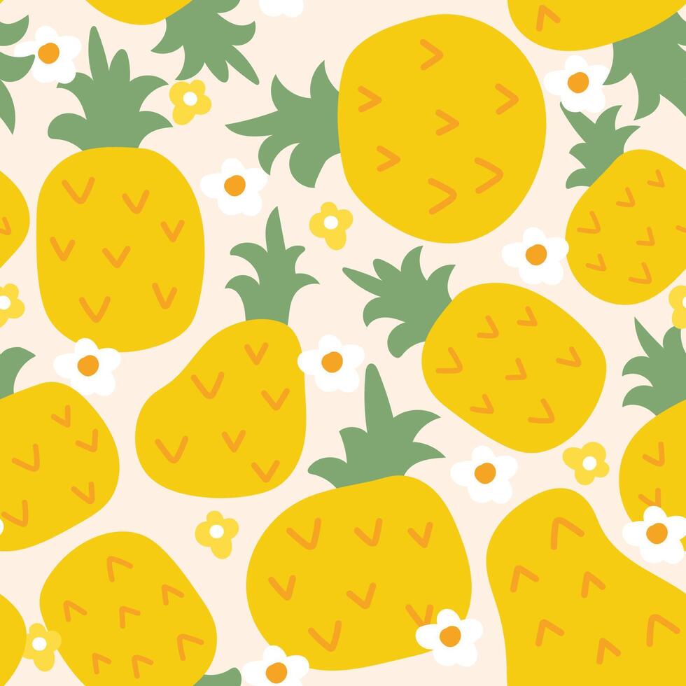 naadloos patroon van schattig groot ananas met bloem achtergrond.fruit.zomer.cartoon hand- getekende afbeelding voor kaart, poster, schat kleding.kawaii.vector.illustratie. vector