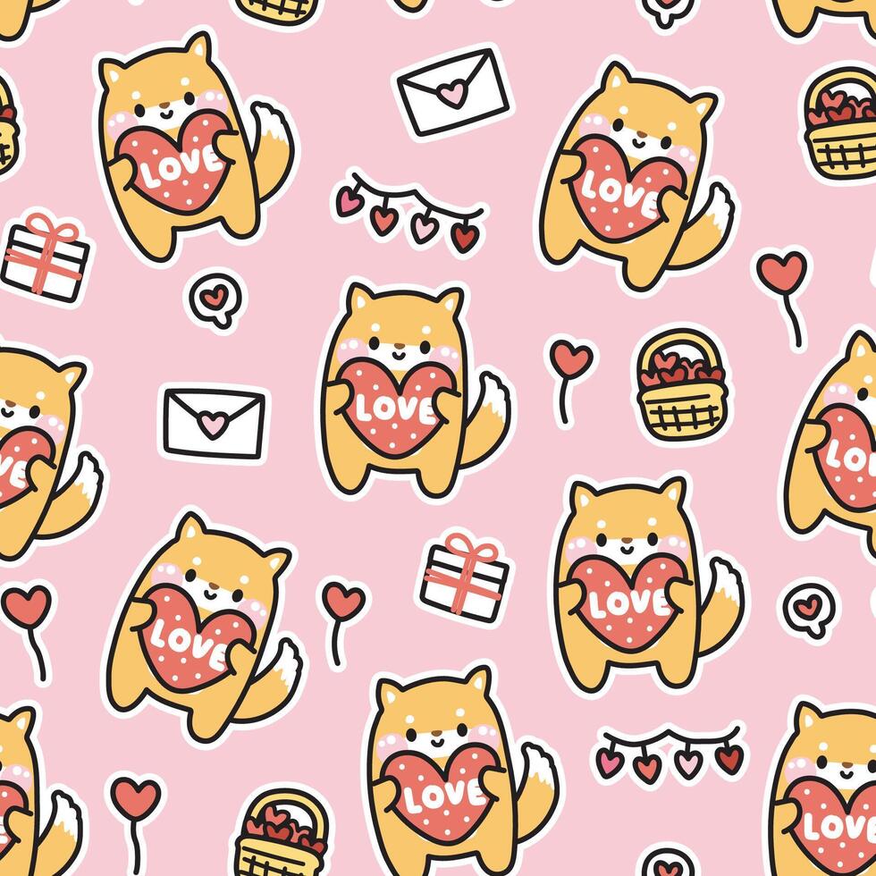 naadloos patroon van schattig shiba inu hond met hart liefde tekst met divers klein icoon Aan roze achtergrond.japans huisdier dier karakter tekenfilm ontwerp.hart, cadeau doos,ballon.kawaii.vector.illustratie. vector