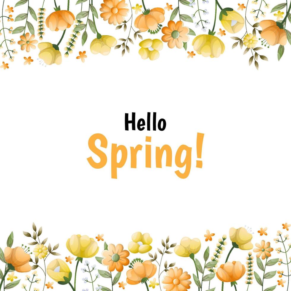 groet kaart sjabloon met oranje en geel bloemen bloeiend bloemen en bladeren grens. voorjaar botanisch vlak vector
