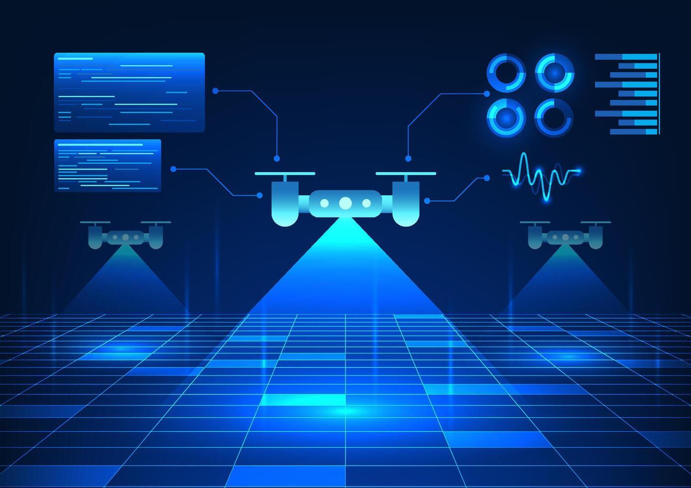 slim dar technologie dat toepassingen drones naar inspecteren gebieden beide landbouw, landmeten, filmen, Product levering, drones dat zijn scannen de Oppervlakte en Bezig met verzenden terug informatie. vector