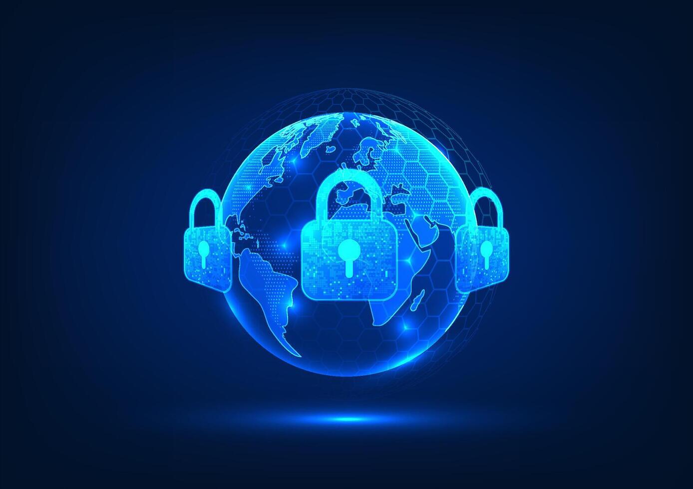 cyber veiligheid technologie en gegevens privacy een wereld omringd door sloten shows een systeem naar voorkomen diefstal en cyber aanvallen en beschermen tegen virussen van de internet netwerk. vector